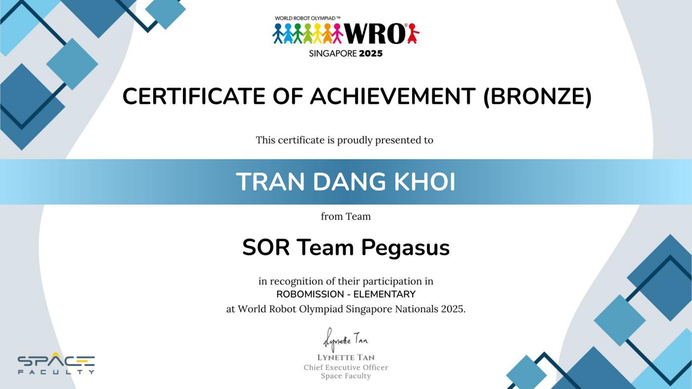 WRO Singapore 2025 RoboMission Elementary Bronze certificate — Team Pegasus