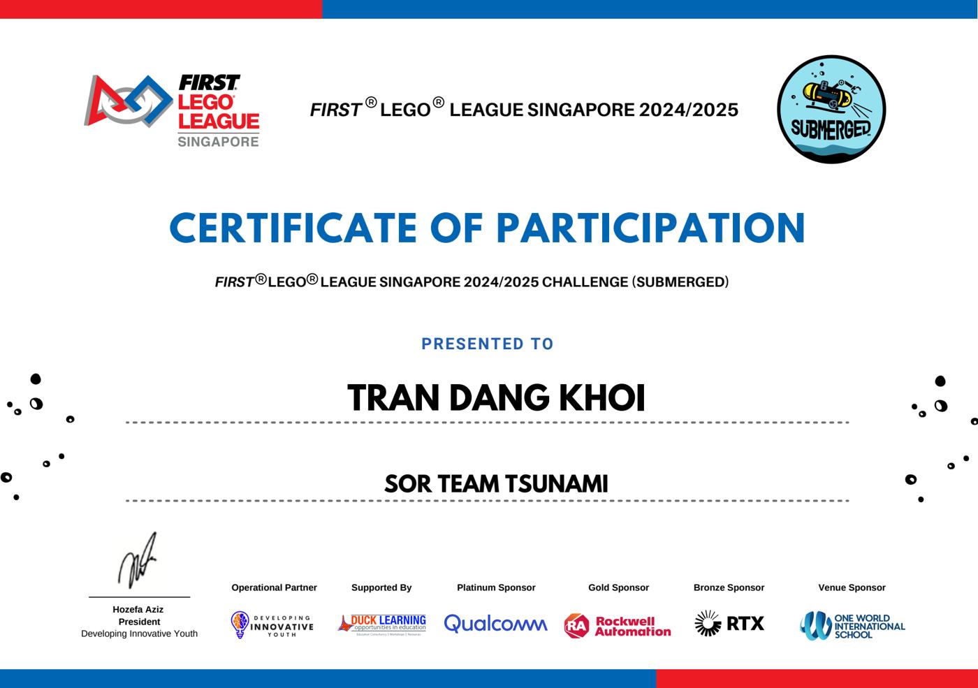 FIRST LEGO League Singapore 2024/2025 SUBMERGED certificate — Team Tsunami
