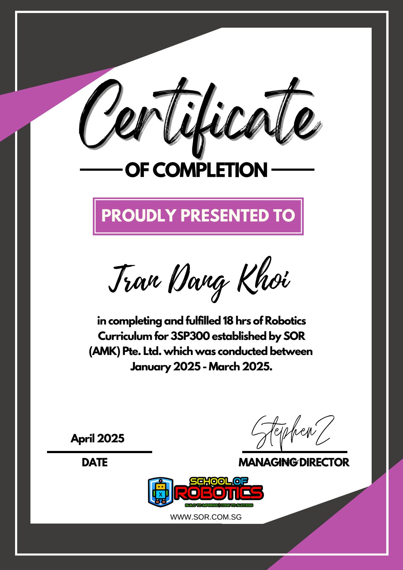 SOR 3SP300 course certificate
