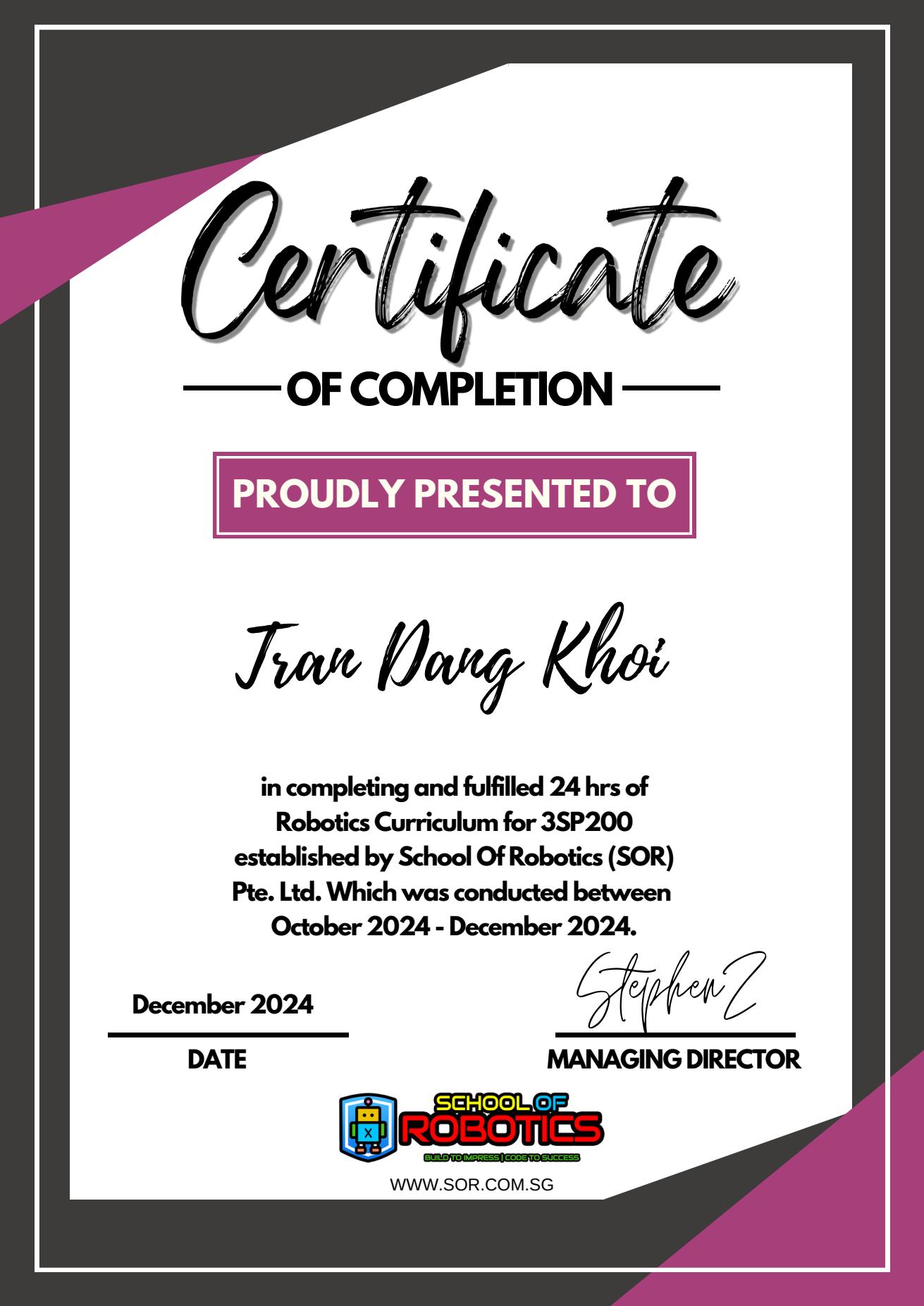 SOR 3SP200 course certificate