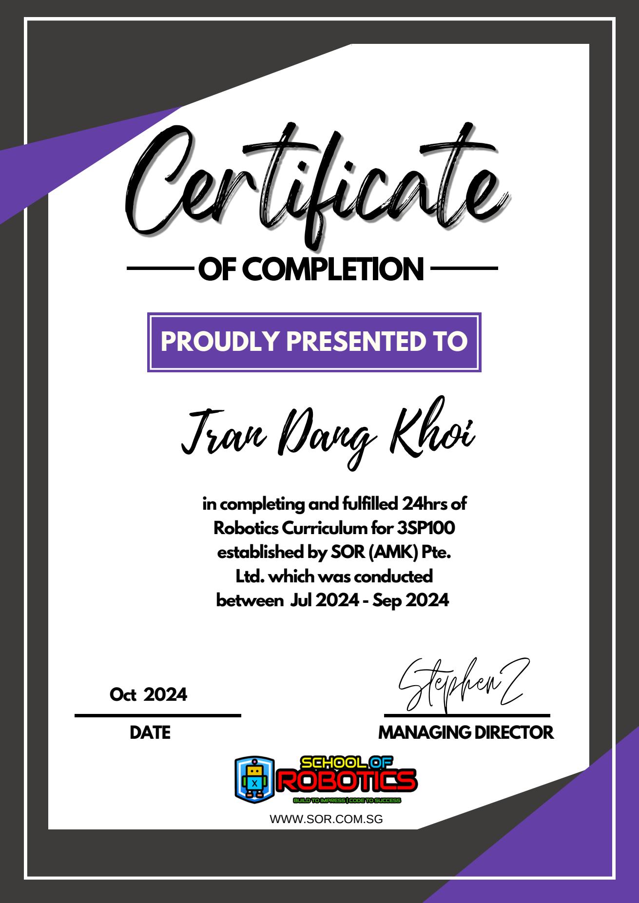 SOR 3SP100 course certificate
