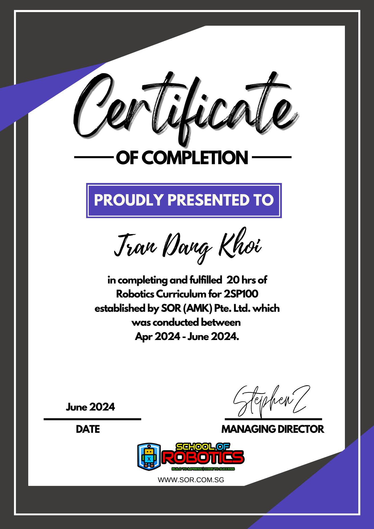 SOR 2SP100 course certificate
